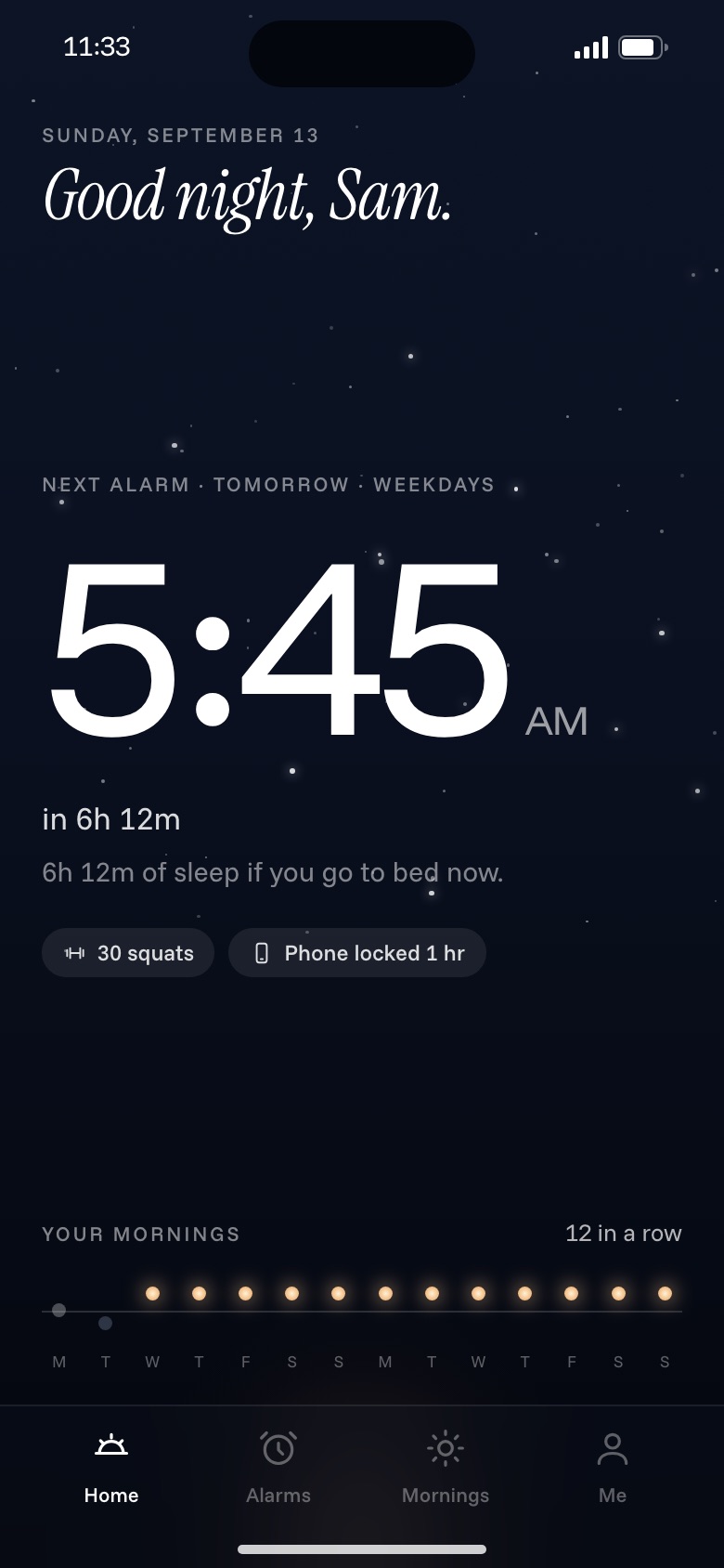 Solis home screen at night: the next alarm, 5:45 AM