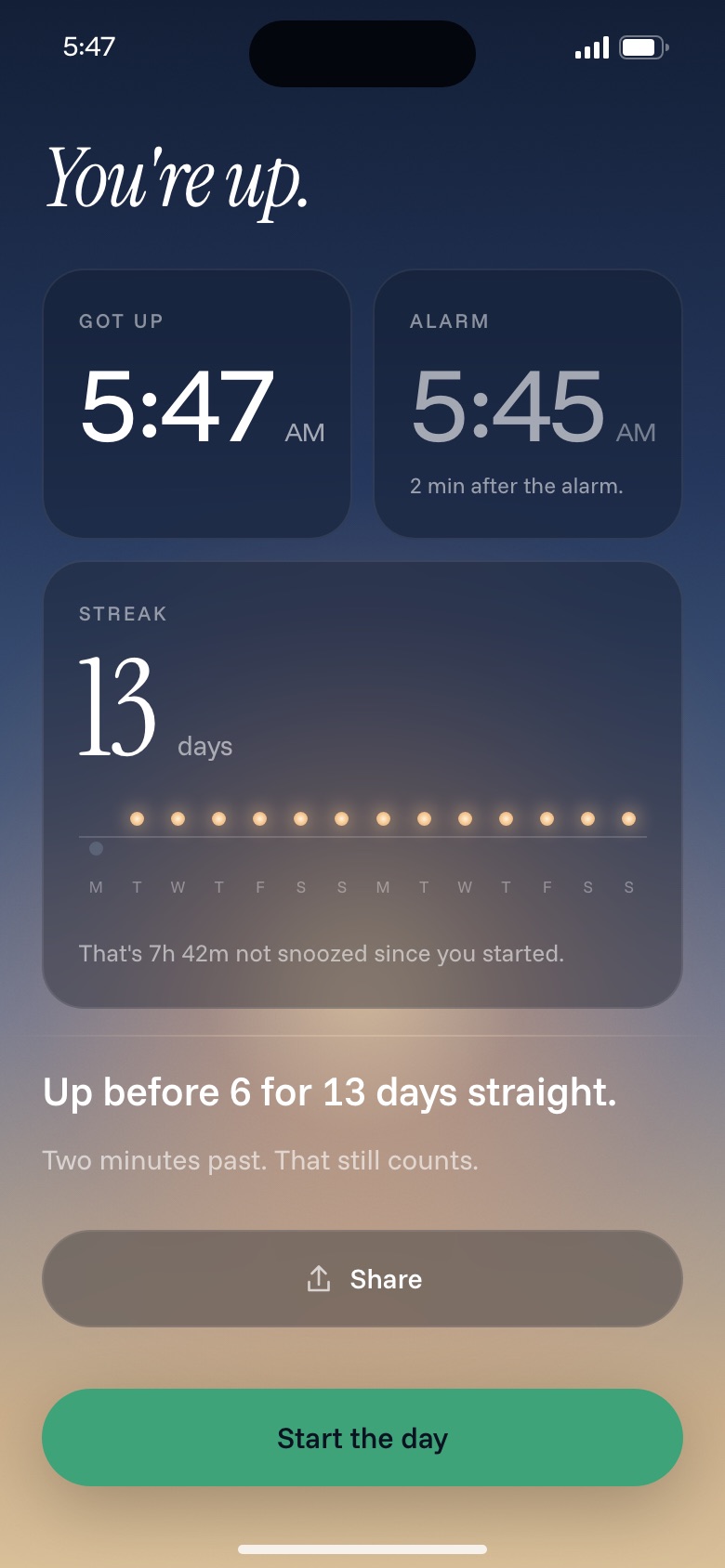 Solis morning screen on a sunrise sky: You're up, 13 day streak