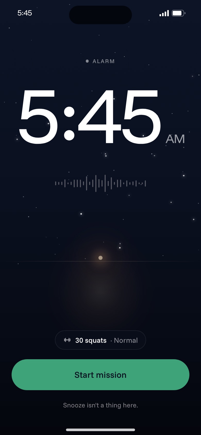 Solis ringing screen: 5:45 AM, one button, Start mission